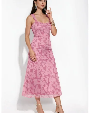 Rochie Midi,  Floral, decolteu patrat, Roz Pudra, Poliester
