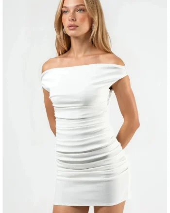 Rochie Mini,  Umeri Goi, Decolteu Barca, Alb Murdar, Bumbac