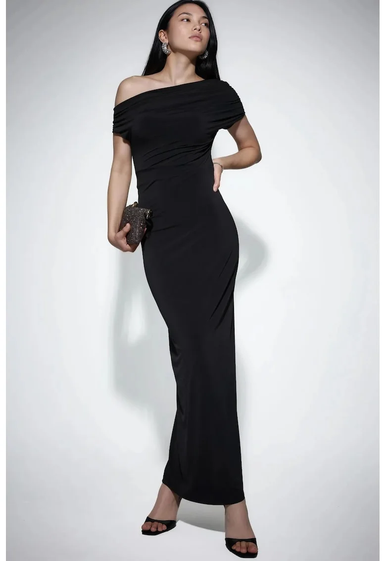 Rochie Maxi,  Slim Fit, Guler Asimetric, Negru, Poliester-Elastan