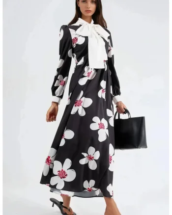 Rochie maxi,  maneci lungi, negru, poliester cu lycra