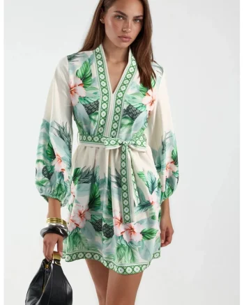 Rochie Mini,  Floral, Verde, Poliester-Bumbac-Lycra