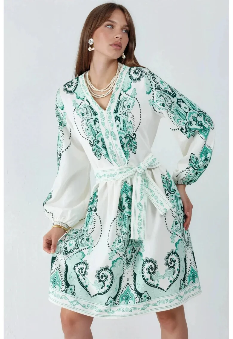 Rochie mini,  verde, casual, maneca lunga, decolteu in V, 70% poliester, 25% bumbac, 5% lycra