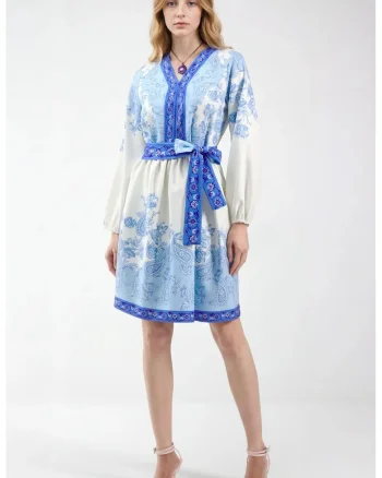 Rochie mini,  decolteu in V, albastru, poliester