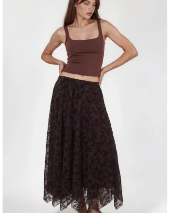 Fusta midi  imprimeu floral, maro, poliester