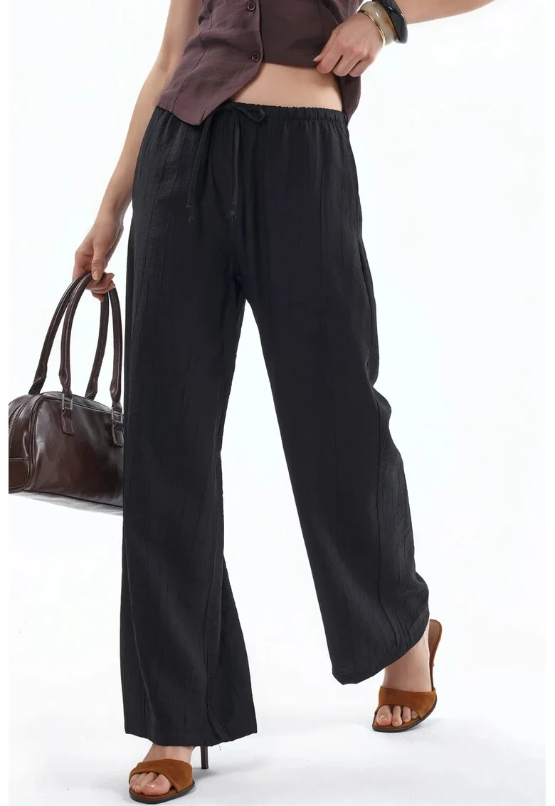 Pantaloni dama,  picior larg, negru, poliester, croiala ampla