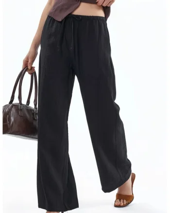Pantaloni dama,  picior larg, negru, poliester, croiala ampla