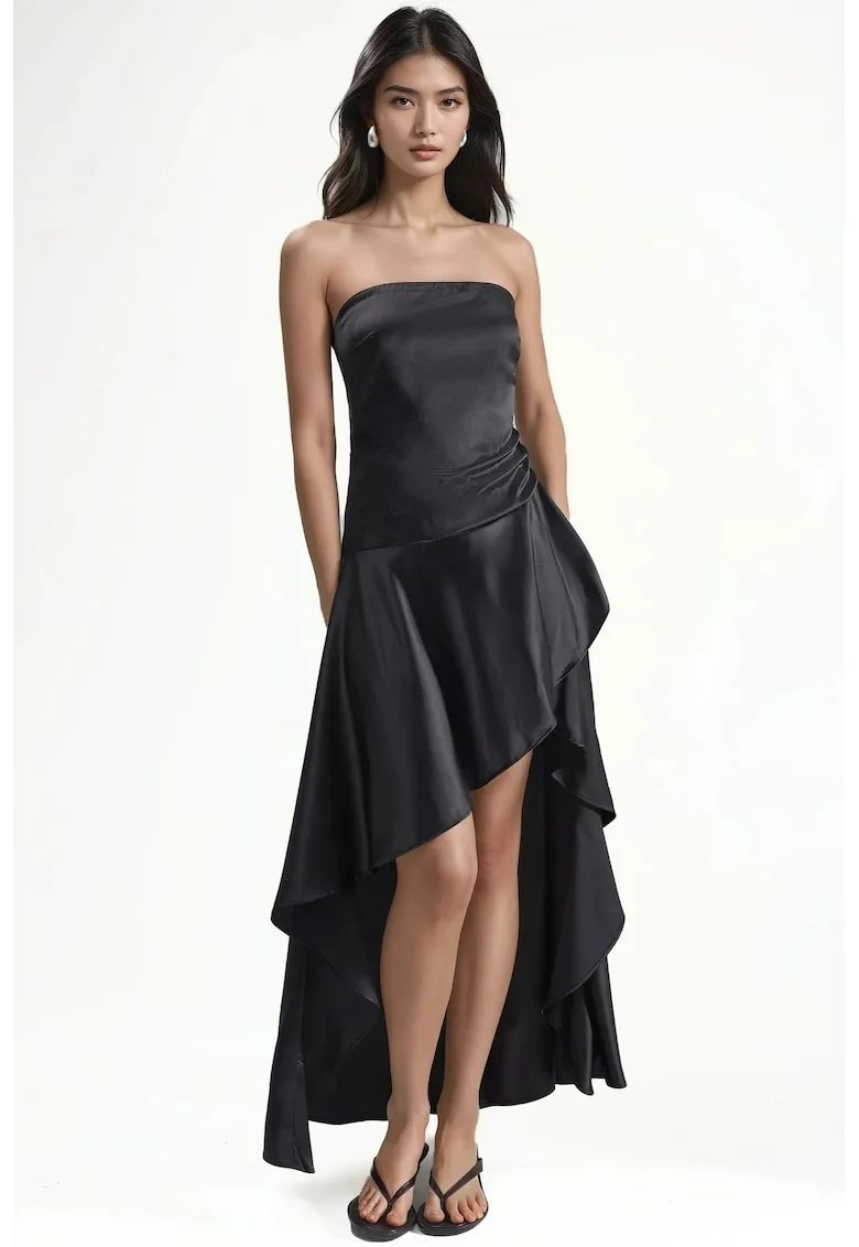 Rochie maxi,  fara bretele, cu slit, negru, 100% poliester