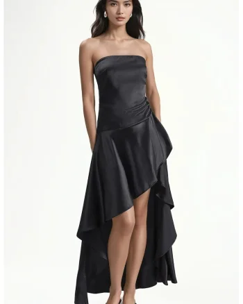 Rochie maxi,  fara bretele, cu slit, negru, 100% poliester