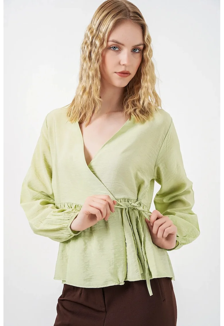 Bluza dama,  wrap cu decolteu in V, verde, crep