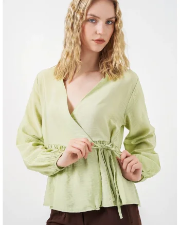 Bluza dama,  wrap cu decolteu in V, verde, crep