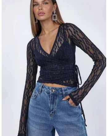 Bluza dama  Crop din Dantela, decolteu in V, detalii cu snur, albastru marin, poliester-elastan