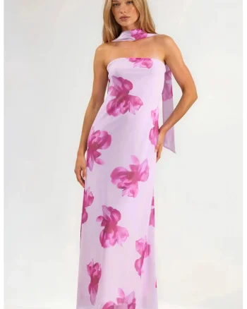 Rochie Maxi,  fara bretele, imprimeu floral, roz, tul