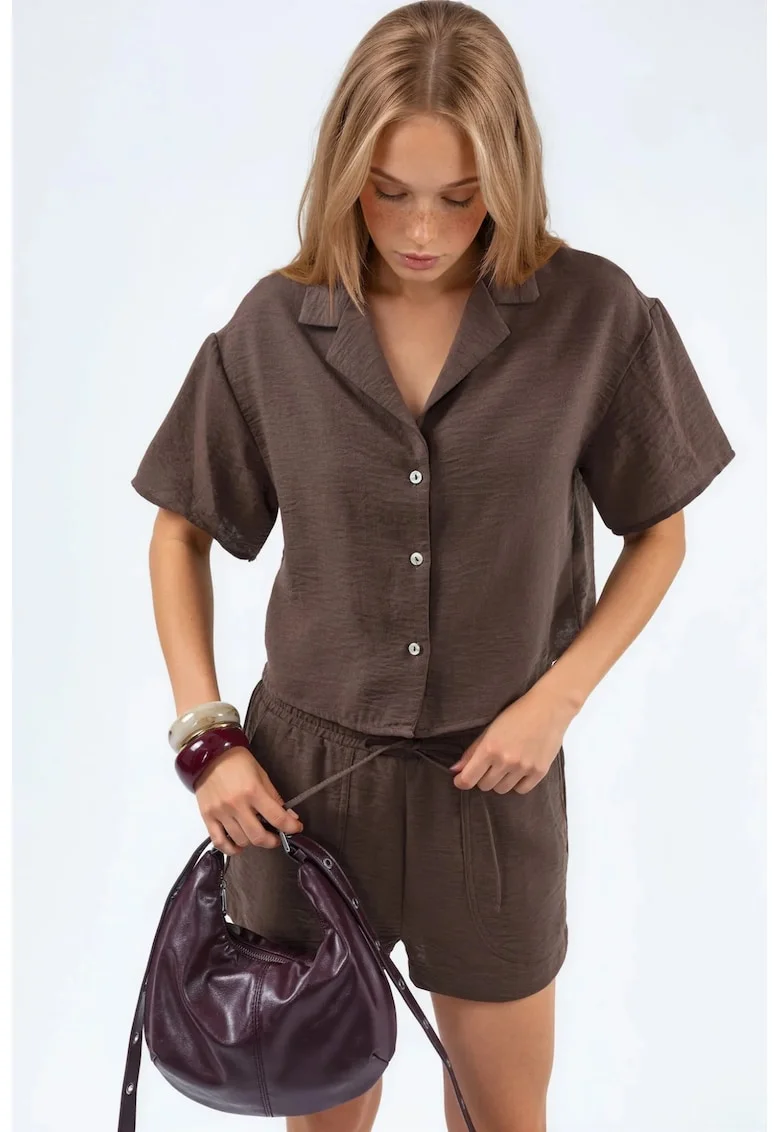 Camasa dama,  camasa scurta, casual, maro cafea, poliester,