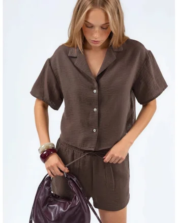 Camasa dama,  camasa scurta, casual, maro cafea, poliester,