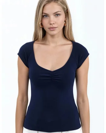 Tricou dama,  decolteu in V, maneca scurta, bleumarin, bumbac cu elastan