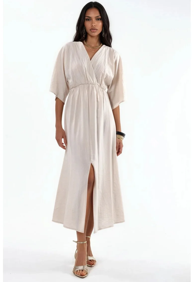 Rochie midi,  petrecuta, decolteu in V, maneci trei sferturi, poliester