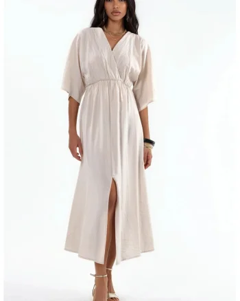 Rochie midi,  petrecuta, decolteu in V, maneci trei sferturi, poliester