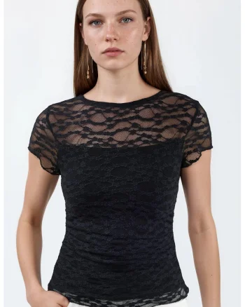 Tricou dama,  dantela, slim fit, negru, elegant, captusit