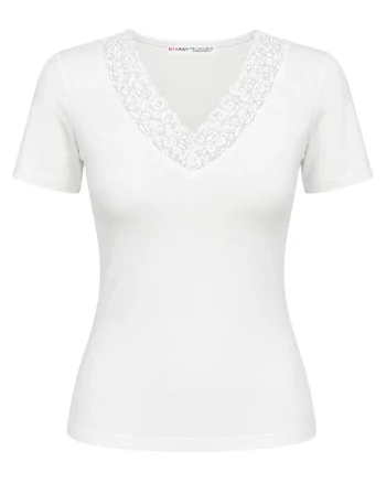 Tricou dama,  slim, decolteu in V, dantela, alb, captusit