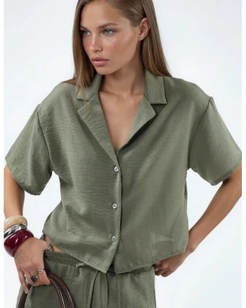 Camasa dama,  scurta texturata, verde kaki, poliester