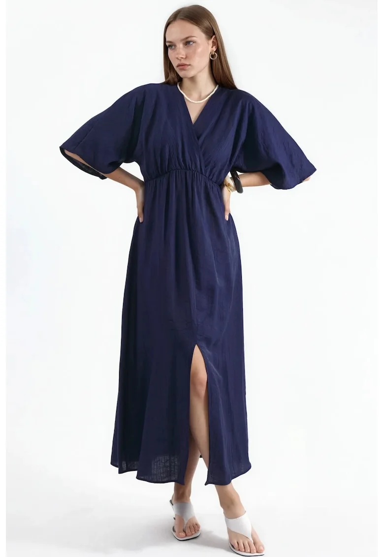 Rochie midi,  decolteu in V, maneci trei sferturi, albastru marin, poliester