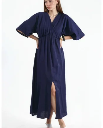 Rochie midi,  decolteu in V, maneci trei sferturi, albastru marin, poliester