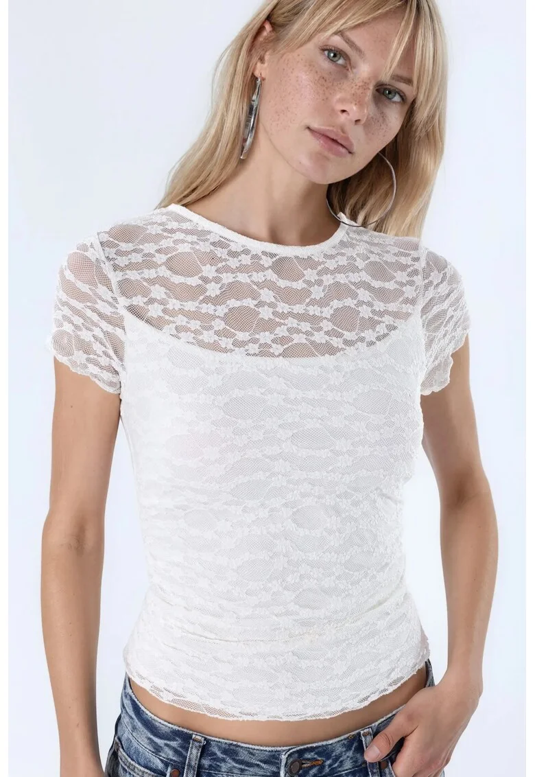 Tricou dama,  dantela tricotata, slim fit, alb, captusit