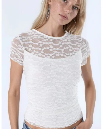 Tricou dama,  dantela tricotata, slim fit, alb, captusit