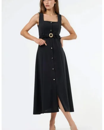 Rochie Midi,  decolteu patrat, cu curea, negru, poliester-elastan