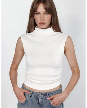 Top dama,  Slim Fit, alb, material tricotat,