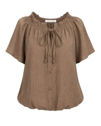 Bluze dama,  Paisley, maneca scurta, maro cafea, 82% modal