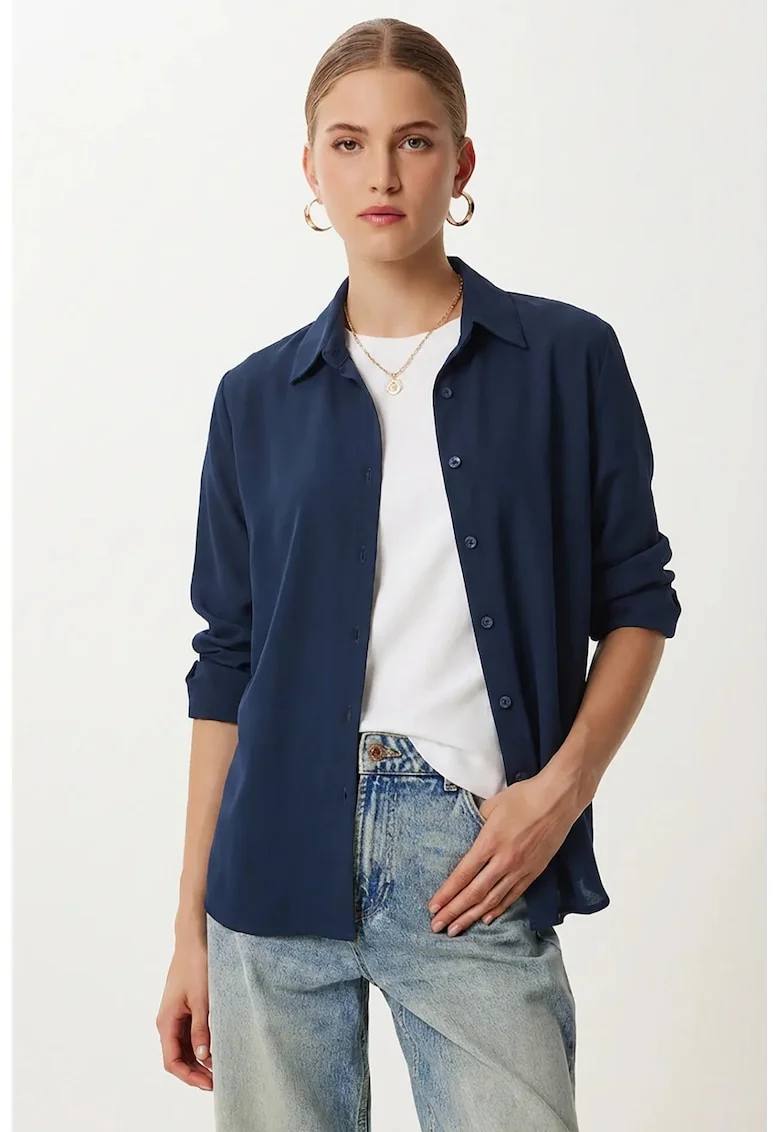 Camasa dama, Happiness Istanbul, poplin, maneca lunga, albastru marin, 100% viscoza