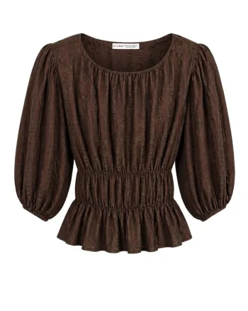 Bluza dama,  peplum, maneca trei sferturi, maro cafea, lyocell, viscoza, poliester