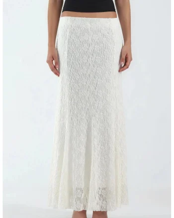 Fusta maxi,  dantela, talie inalta, crem, eleganta, captusita