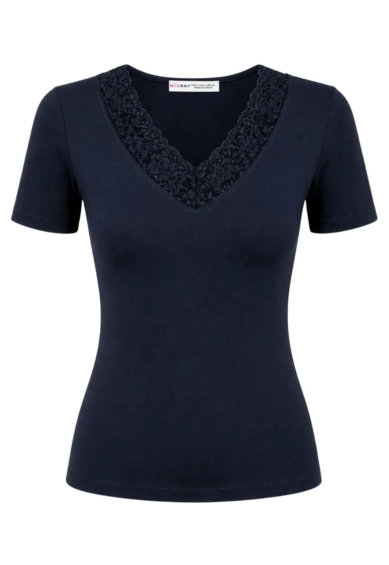 Tricou dama,  bluza din dantela cu decolteu in V, croiala slim, albastru marin, captusit,