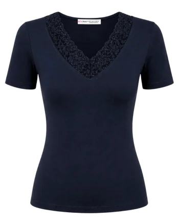Tricou dama,  bluza din dantela cu decolteu in V, croiala slim, albastru marin, captusit,