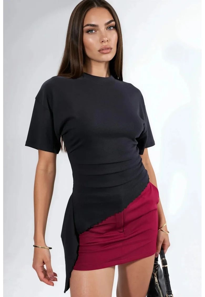 Tricou dama  supradimensionat, decolteu rotund, drapaj, negru, modal-bumbac-elastan