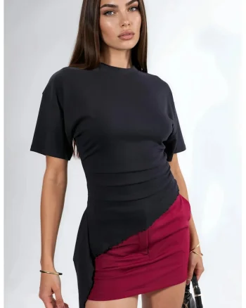 Tricou dama  supradimensionat, decolteu rotund, drapaj, negru, modal-bumbac-elastan