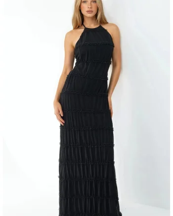 Rochie maxi  Guler Halter, Negru, Poliester