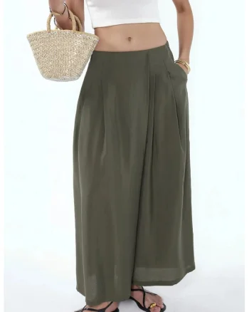 Pantaloni dama,  Palazzo cu picior larg, verde salvie, modal-viscoza