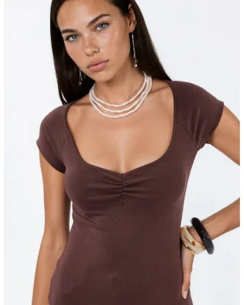Bluza  casual, decolteu in V, maneca scurta, maro cafea, bumbac cu elastan
