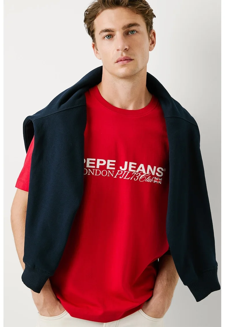 Tricou cu decolteu la baza gatului si logo pe piept, Alb/Rosu vermillion