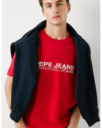 Tricou cu decolteu la baza gatului si logo pe piept, Alb/Rosu vermillion
