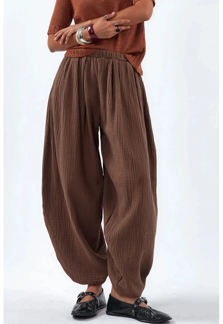Pantaloni dama,  talie elastica, croiala larga, maro cafea, bumbac-elastan