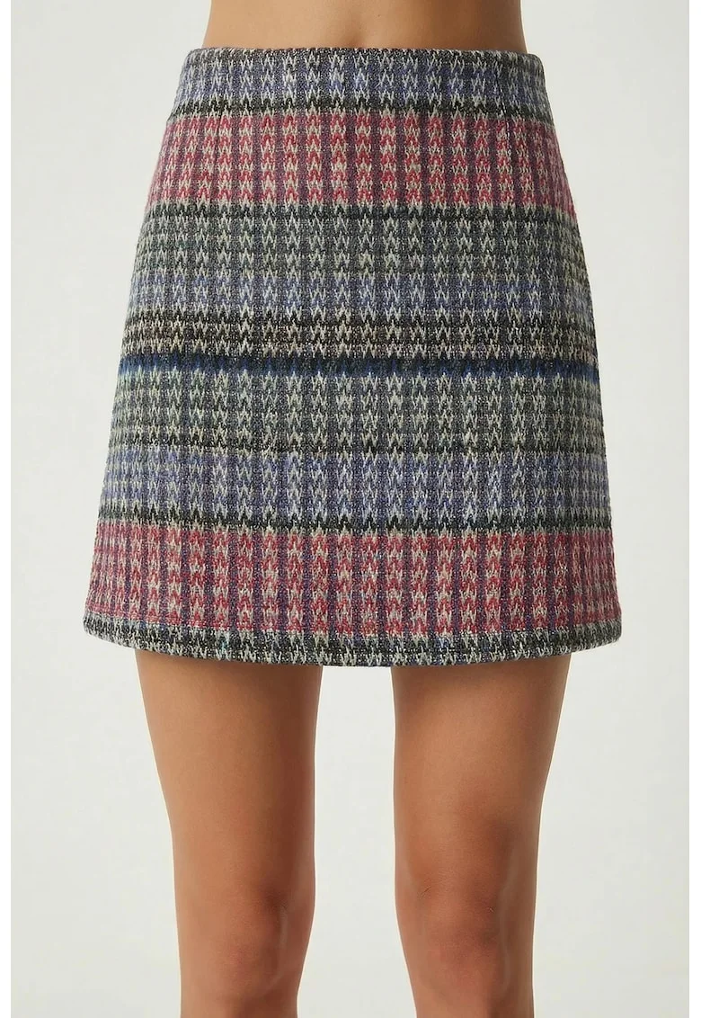 Fusta mini, Happiness Istanbul, carouri, talie inalta, multicolor