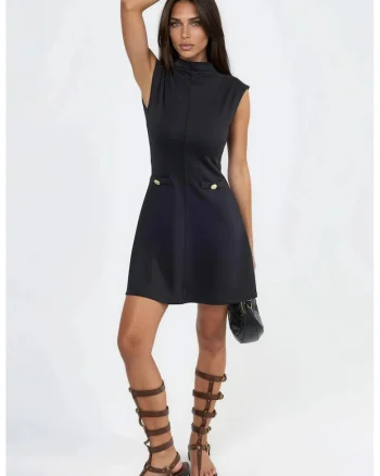 Rochie Mini  Eleganta, Neagra, Poliester si Elastan, Fara Maneci, Buzunare