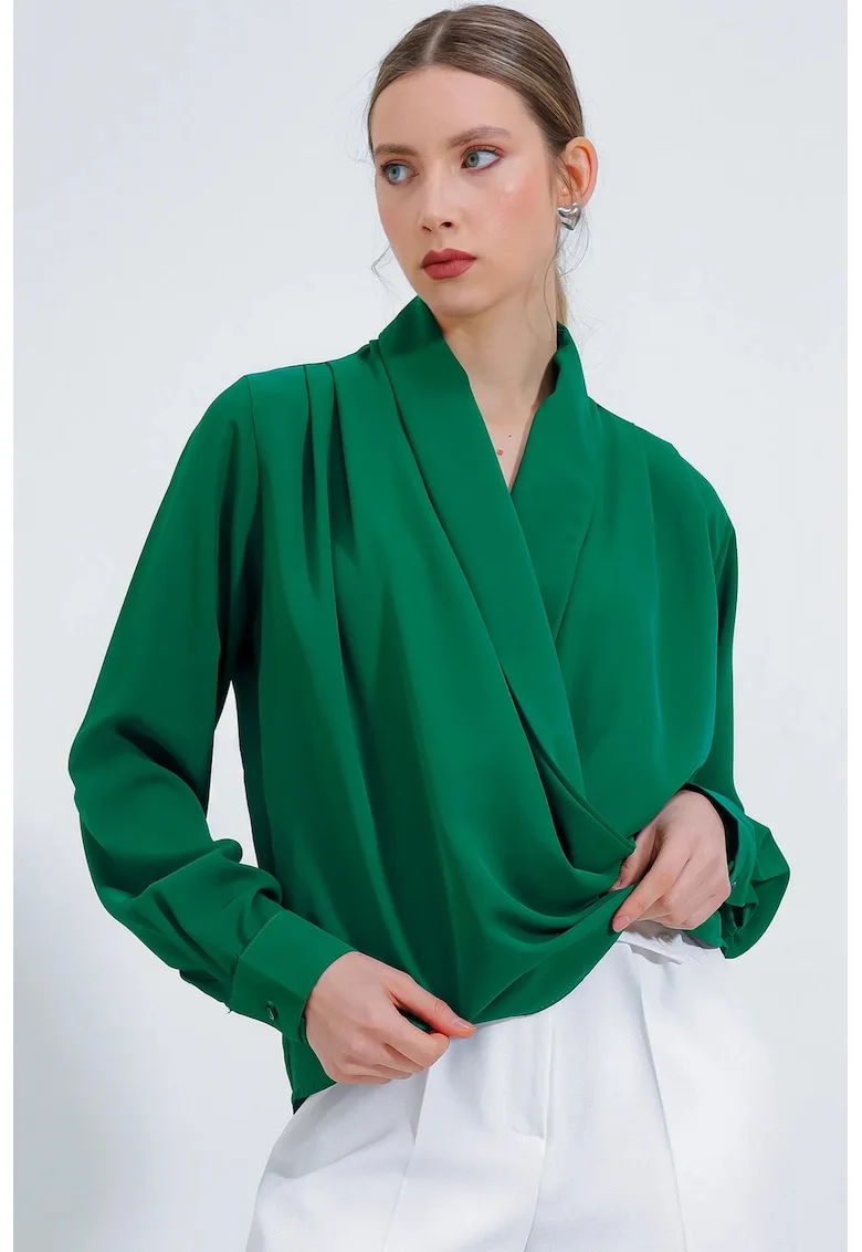 Bluza dama,  guler sal, croiala lejera, verde, poliester