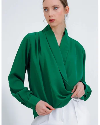 Bluza dama,  guler sal, croiala lejera, verde, poliester