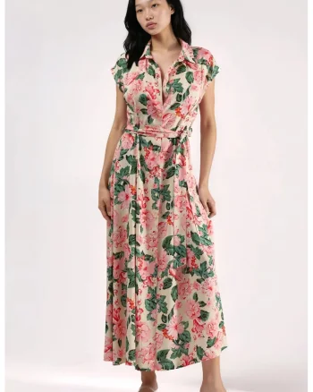 Rochie camasa midi,  imprimeu, roz, 100% viscoza