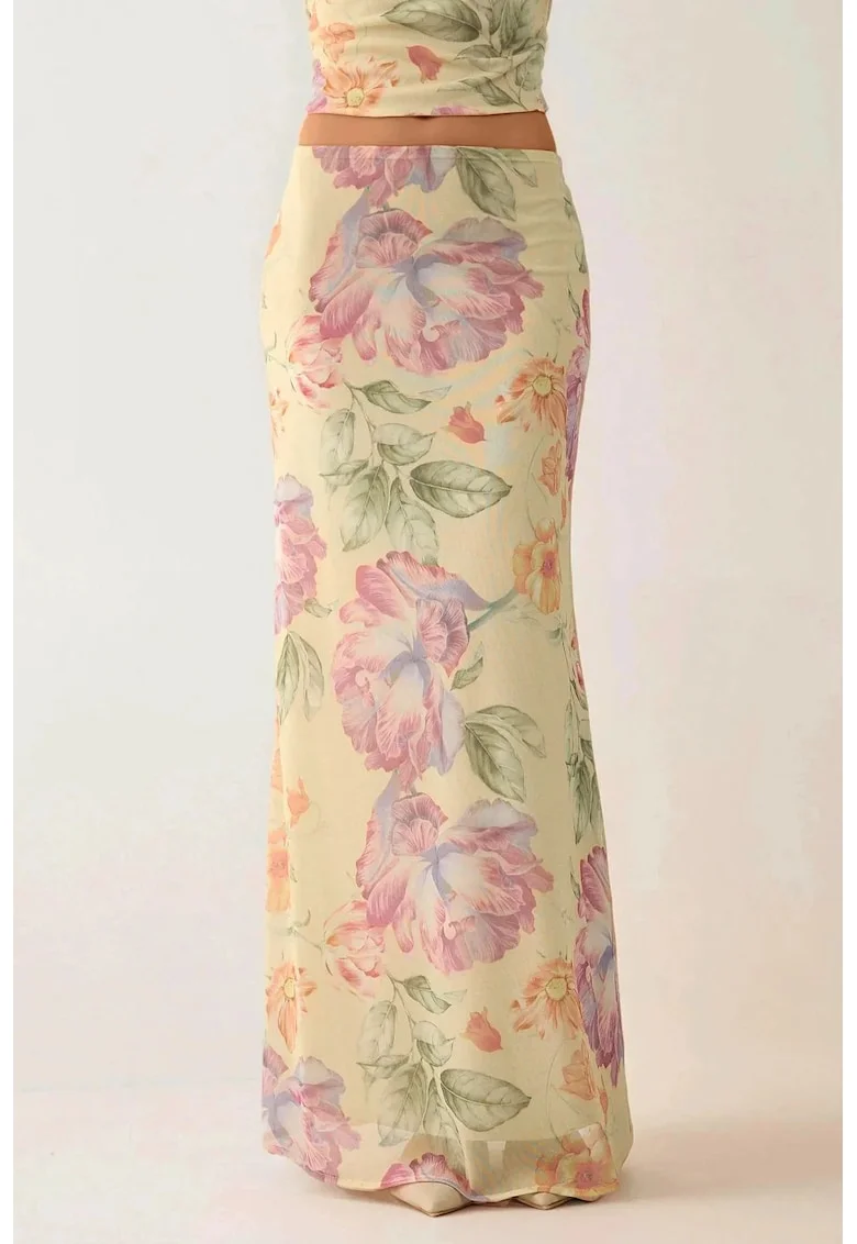 Fusta maxi,  florala, talie joasa, multicolor, poliester-elastan,